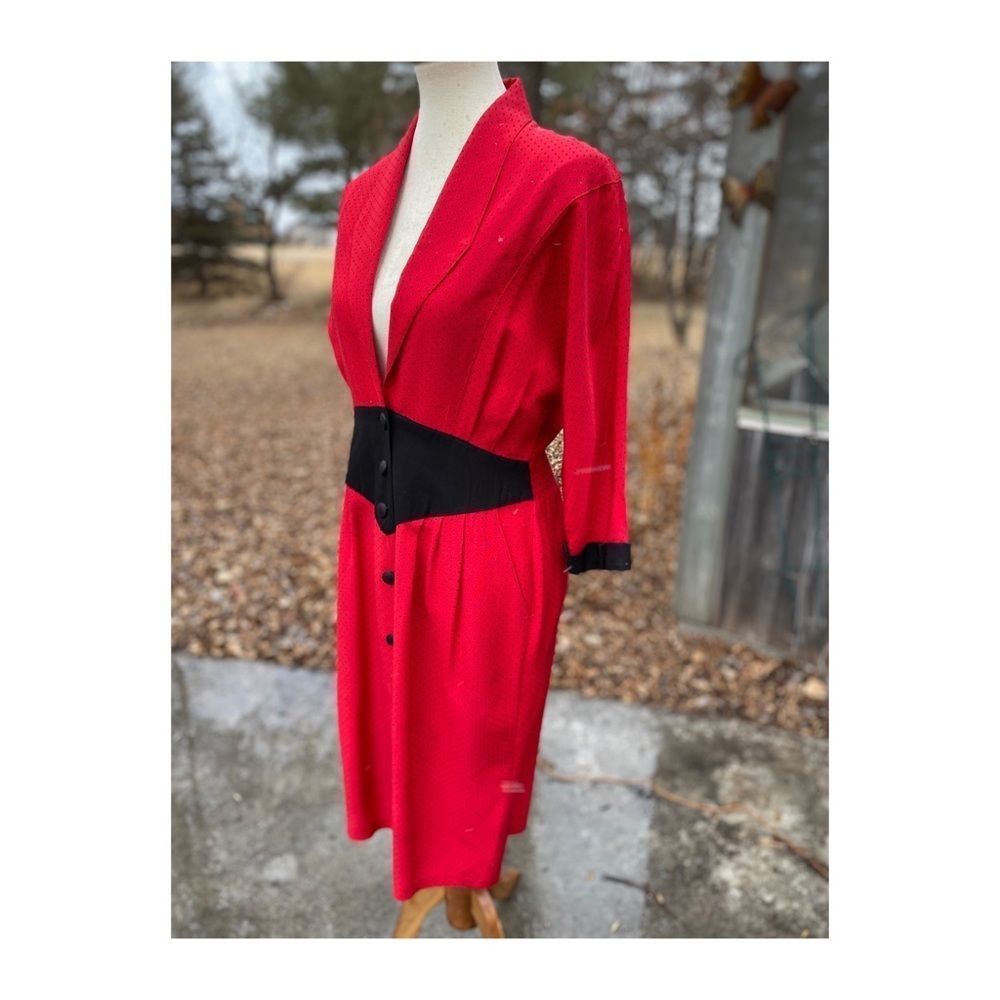 Vtg 80s Batwing A Line Dress Red Black Polkadot
